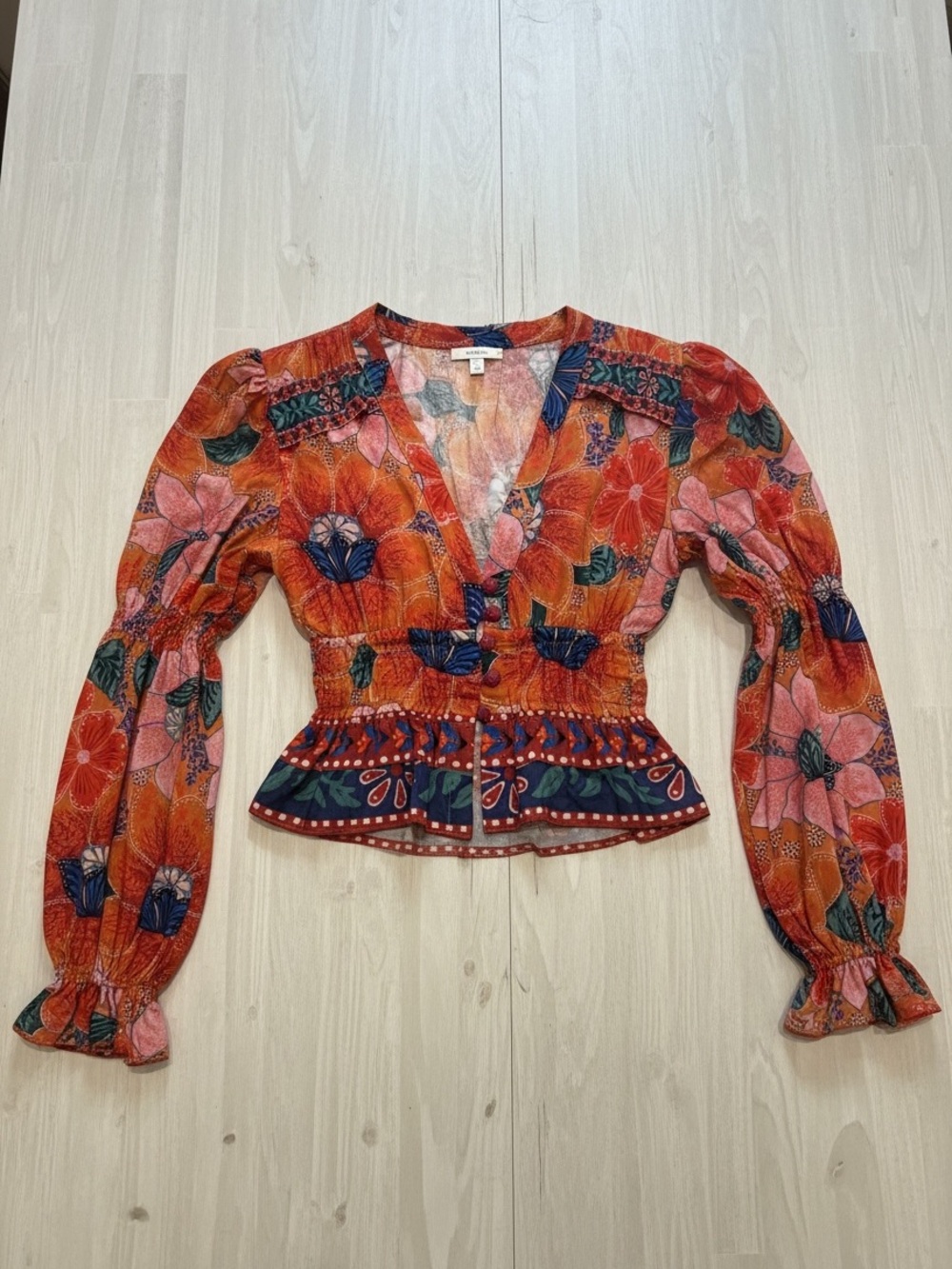 NWT Farm Rio Tropical Floral Sheer Ruffle Peplum Blouse Size Small - Picture 2 of 5